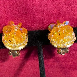 Vintage & Very Unique!  Crown-styled Peach & Pink Crystal-like Clip Earrings